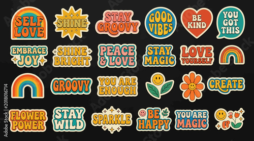 Cuadro en lienzo Collection of retro 70s style stickers with positive affirmations and groovy designs on a black background featuring rainbows, smiley faces, and flowers for mental health and motivation