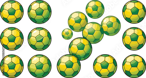 Collection of Yellow and Green Soccer Balls in Different Positions, Sports Illustration for Digital Media, Websites, and Apps