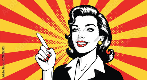 Confident woman pointing her finger upwards against a vibrant red and yellow sunburst background in pop art style.