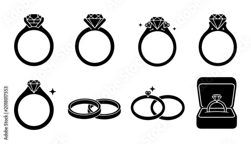 Foto Diamond Ring Icons Set, Engagement Jewelry Vector Graphics, Luxury Wedding Bands