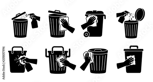 Photos Trash Can Cleaning Icons, Sanitation and Hygiene Vector Set, Waste Bin Maintenan
