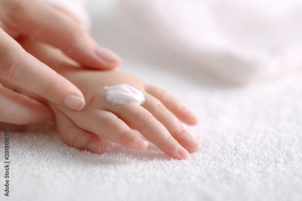 Fototapeta premium mother applying moisturizing cream on baby skin closeup childcare concept