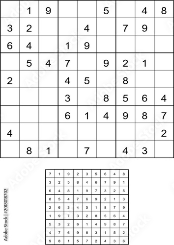 Sudoku puzzle and solution grid showing numbers in black and white layout for brain training and logic exercise