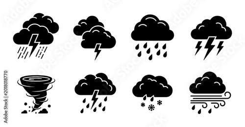 Quadro su tela Weather Icons Set, Stormy Clouds, Lightning, Rain, Snow, Tornado, Wind, Forecast