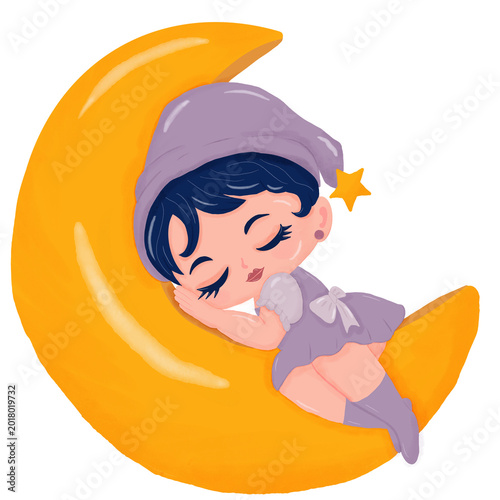 Cute Sleeping Girl on Moon PNG, Kawaii Dreamy Nursery Clipart.