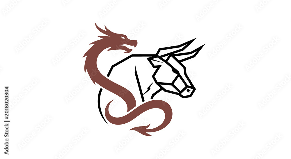 Obraz premium Dragon and Bull Geometric Logo Symbol, Business Concept, Fight, Opposition, Strength