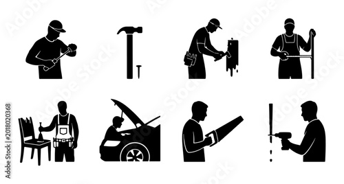 Fotografie Craftsman Icons Set: Carpentry, Auto Repair, Furniture Restoration, and DIY Tool