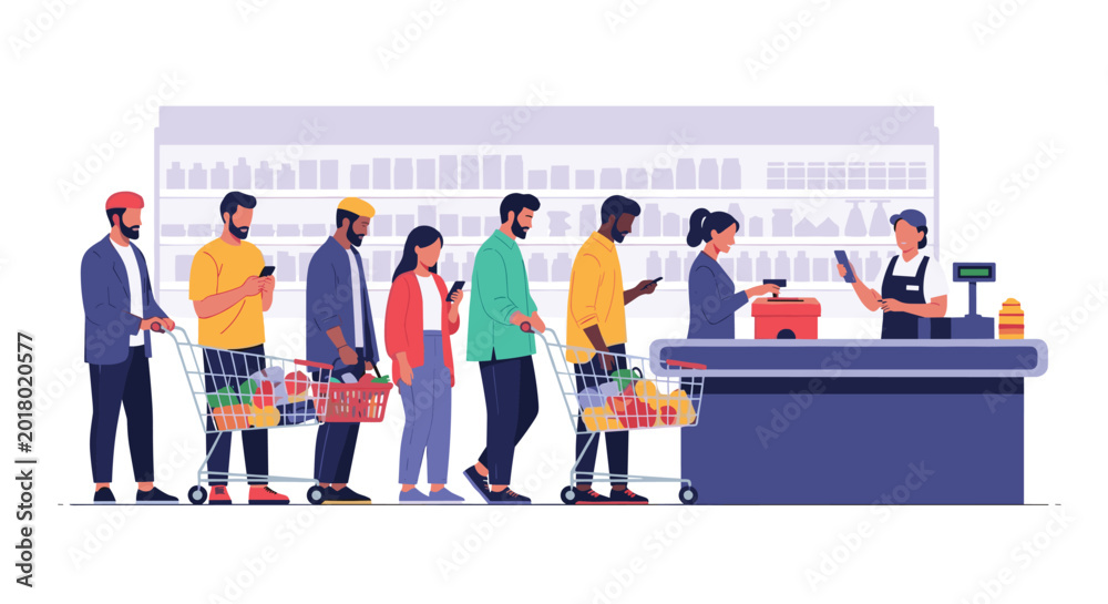 Fototapeta premium People with shopping carts waiting in a long queue at a supermarket checkout counter to pay for their many groceries.