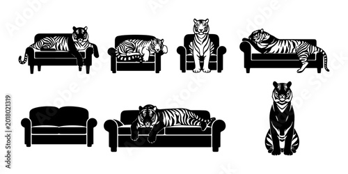 Photography Tiger Sofa Collection, Vector Illustrations of Big Cats Relaxing on Furniture, B