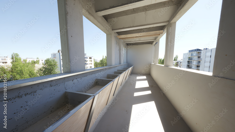 Fototapeta premium A spacious unfinished interior corridor showcasing modern design elements and natural light pouring through large windows.