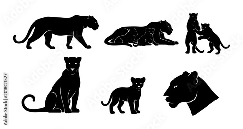 Bild auf Leinwand Black Panther Silhouette Collection, Wild Cat Vector Icons, Majestic Big Cat Pos
