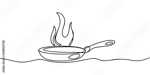 Fotografia steaming frying pan  continuous one line drawing, Continuous line drawing of a steaming frying pan
