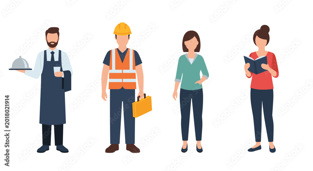 Obraz premium Diverse set of professional characters including a waiter, construction worker, office employee, and a student or teacher reading a book.