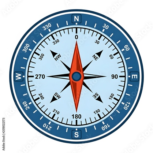 Compass with red needle pointing north on blue background
