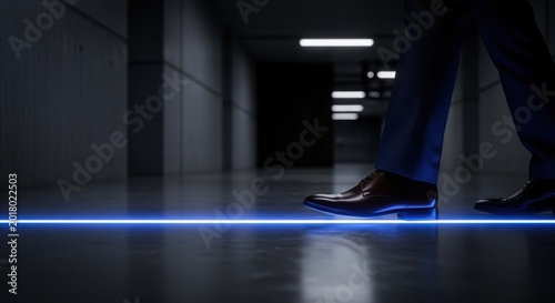 Man in suit stepping over glowing blue laser in futuristic hallway