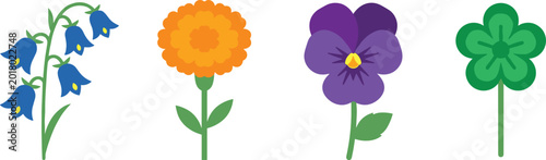 Flat Design Floral Vector Icon Set Featuring Bluebell Marigold Pansy and Green Flower Illustrations for Nature Apps Web UI Spring Garden Themes and Minimalist Graphic Projects