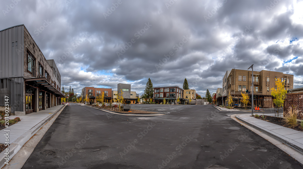 Fototapeta premium Beautiful modern architecture in a serene town with colorful trees under a dramatic sky, ideal for urban lifestyle and design themes.