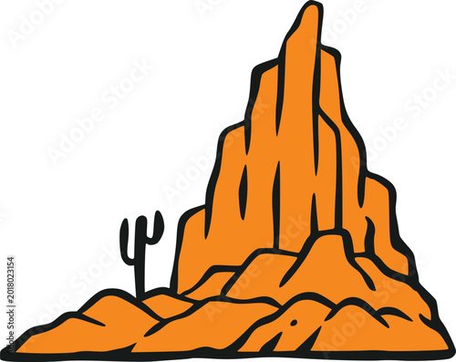 Fotografia Stylized vector desert butte with orange rocky terrain and small cactus, isolate