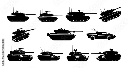 Slika na platnu Military Tank Silhouettes Collection, Armored Vehicle Icons, Combat Machine Vect