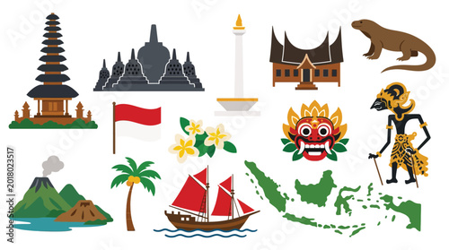 flat illustration collection of famous Indonesian landmarks and travel symbols simplified into clean geometric icons, solid color shapes, no shading, no gradient, no texture, simple geometry, clean ed