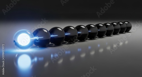 Glowing blue sphere leading a row of black spheres 3d render