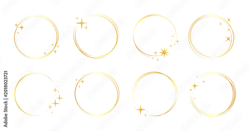 Fototapeta premium Gold frame star line set. Gold ring glitter border with celestial magic light sparkle glow. Modern jewelry ornament fantasy christmas starburst ray decoration. Vector illustration