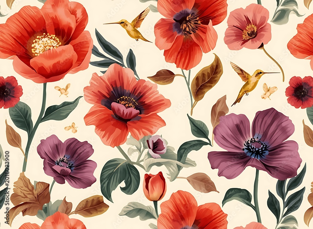 Obraz premium Spring floral seamless botanical pastel background with golden hummingbirds