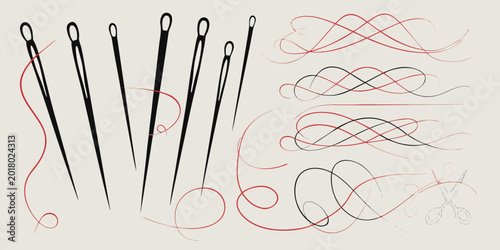 Cuadro en lienzo Sewing needles and red thread flat vector illustration on beige background
