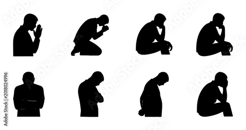 Quadro su tela Silhouette Figures: Praying, Contemplating, and Pondering Poses Vector Set, Huma