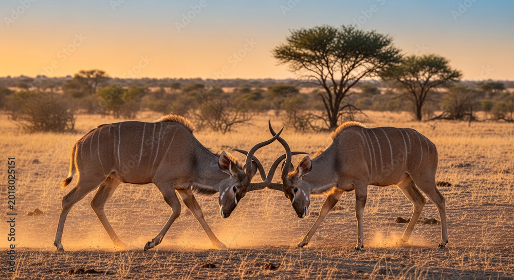Fototapeta premium Two male greater kudus with large spiraling horns sparring in African savanna at sunset