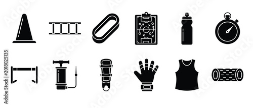Konstfotografi Soccer training equipment editable vector icon set black silhouette cone ladder
