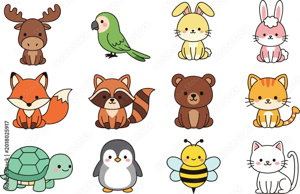 Obraz premium Cute Animal Set with Fox, Bear, Cat, Penguin, and Other Adorable Animals for Kids, Cartoon, and Nature Illustrations