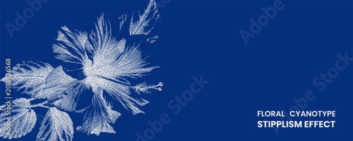 Floral cyanotype stipplism effect, white botanical illustration on deep blue background, abstract dot art style floral design, creative natureinspired graphic element