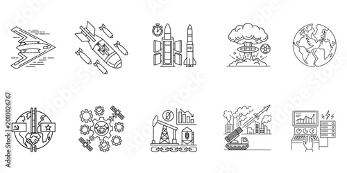 Cold War tension icons with stealth bomber nuclear missiles oil crisis and global diplomacy.Editable stroke, Vector illustration, Line art Icon, Symbols.