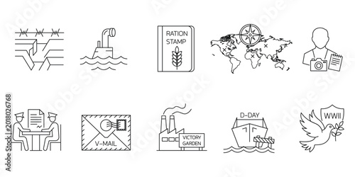 Konstfotografi World War II historical icons including trenches submarine ration stamps D-Day and peace symbol