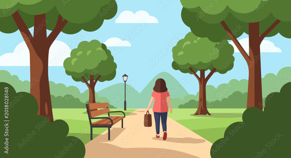Fototapeta premium A woman walks down a park path carrying a bag, with trees and a bench on either side.