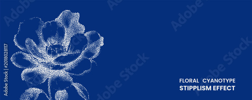 Photos Floral cyanotype stipplism effect, white dotted flower illustration on deep blue
