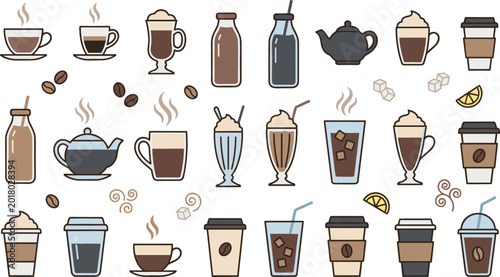 Cuadro en lienzo Modern coffee beverage collection featuring takeaway cups espresso latte mocha iced coffee tea and cafe drink icons in flat vector style