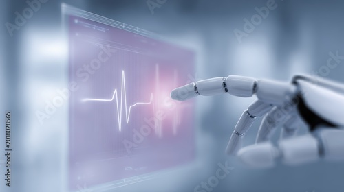 AI robot assisting doctor monitoring patient heartbeat on digital screen