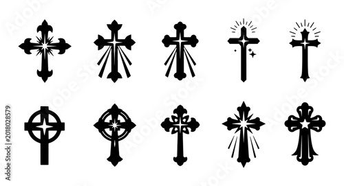 Fotografie Christian Cross Icons Set, Religious Symbols Collection, Sacred Cross Graphics,