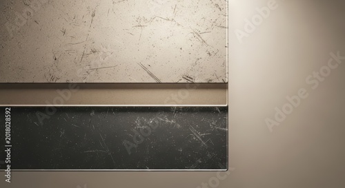 Scratched metal panels on a wall with beige and gray tones