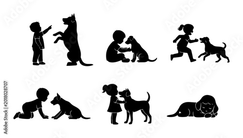 Fotografía Children and Dogs Silhouette Collection: Playful Interactions, Companionship, an