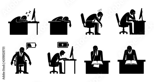 Canvas Print Burnout, Exhaustion, and Fatigue Icons: Office Worker Stress, Overwork, and Low