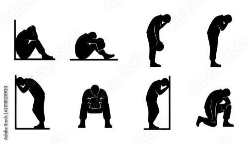 Tableau sur toile Silhouette Figures Depicting Distress, Sadness, and Despair, Vector Icons Set fo