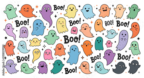 Bild auf Leinwand Colorful cartoon ghosts with boo text