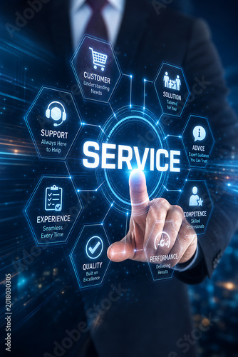 A man in a business suit interacts with a futuristic service interface in a dark environment