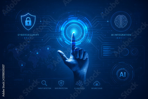 A hand interacts with futuristic technology and AI interface elements on a digital screen.