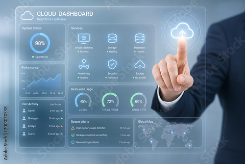 A businessman interacts with a futuristic cloud dashboard interface displaying various data metrics and icons.