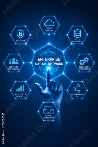 A hand interacts with a glowing digital network interface displaying various business icons.