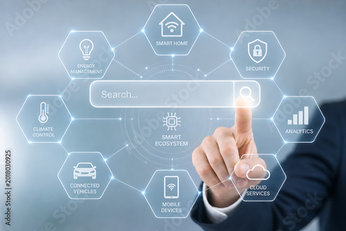 A businessman interacts with a futuristic smart home interface on a screen.